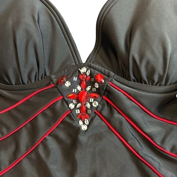 Christina Tankini Swimwear Bust Enhancer Black & Red Two Piece Swimsuit Sz. 12 - Picture 2 of 16